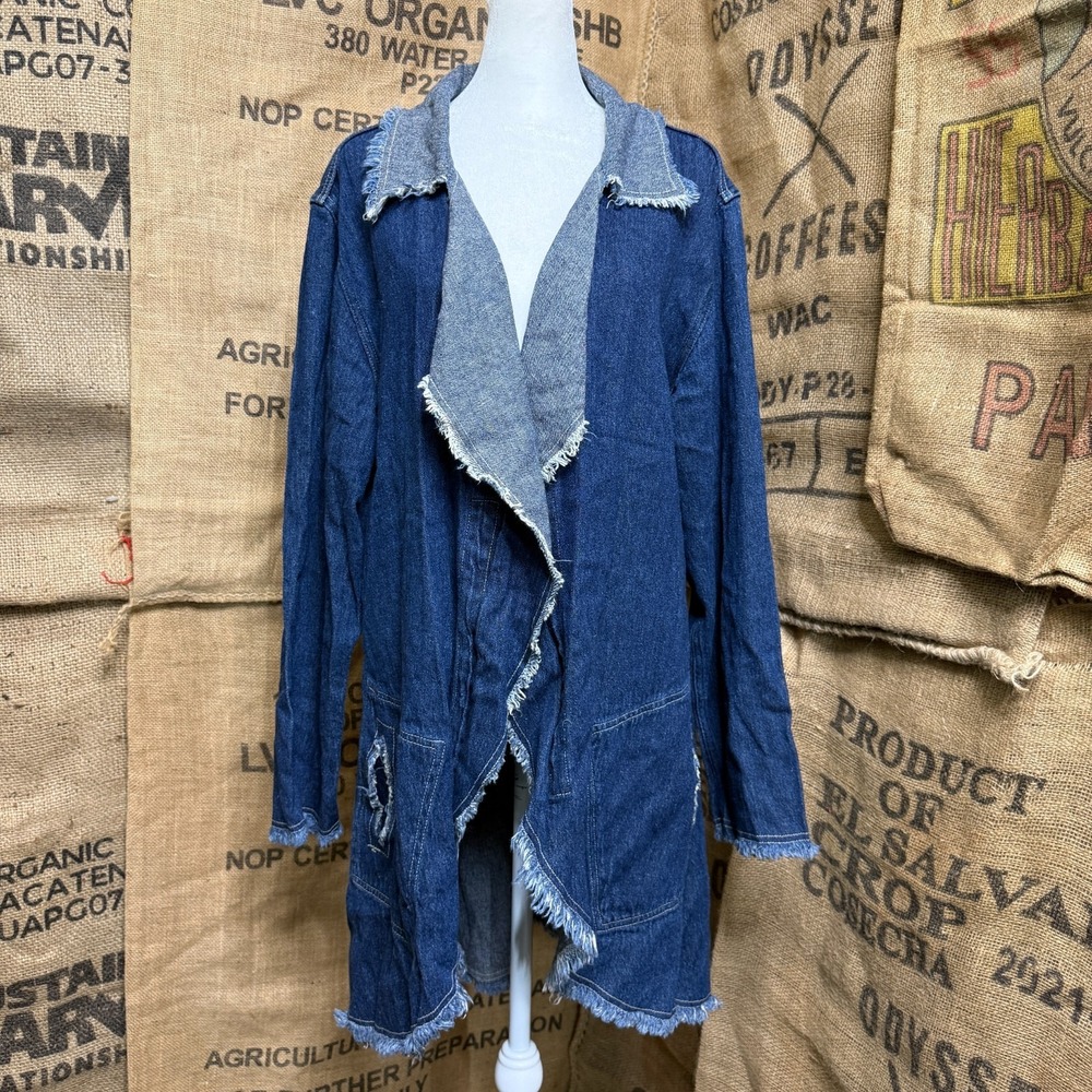Cynthia Ashby Denim Duster Jean Jacket Lagenlook Boho Fringe Open Front Women M